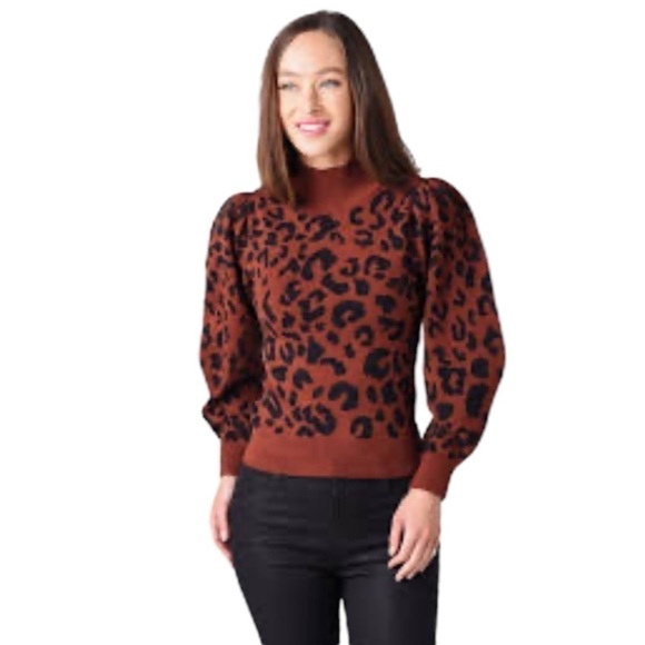 525 Revolve Born In Bklyn Leopard Print Mock Neck Puff Sleeve Sweater. Sm #909 - Picture 5 of 7